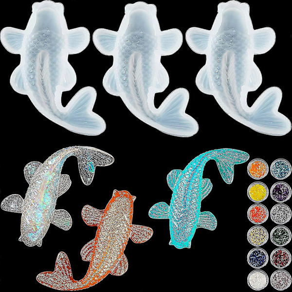 3 stk Koi-fisk silikonharpiksformer Koi Gullfisk DIY anheng silikonharpiksform Fisk fondantform med tolv fargede paljetter for DIY anhengsmykke