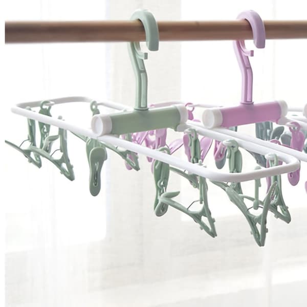 Foldable Plastic Drying Rack with 12 Clips for Underwear and Socks - Windproof and Non-slip - Nordic Green