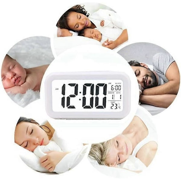LED Väckarklocka Digital Snooze Sensor Ljusaktiverad Bakgrundsbelysning Datum Temperaturvisning (Vit)