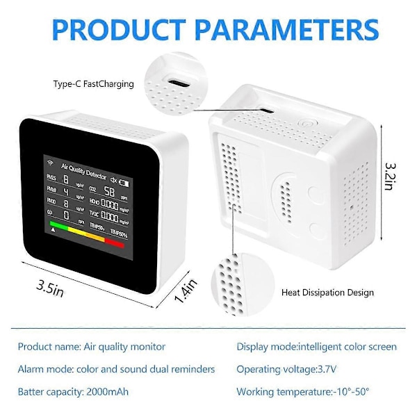 Luftkvalitetsmåler Innendørs, 9-i-1 Luftkvalitetsmålere for CO, CO2, TVOC, HCHO, PM2.5, PM10 for Hussett