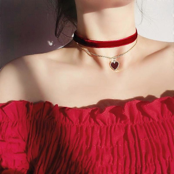 Rødt choker-halskjede for kvinner, justerbar kjærlighets-choker for jenter, gotisk choker fløyel choker