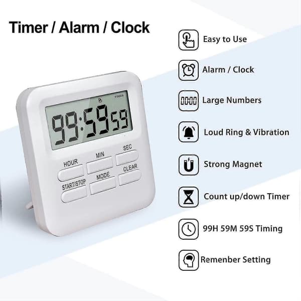 Digital Timer med 3-i-1 Ur/Alarmfunktion, Magnetisk Køkkentimer, Nedtællingsstopur