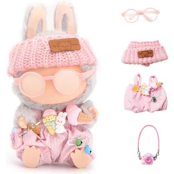 Dockkläder för 17 cm Plysch Hänge Blind Box Figurer, Hatt och Overall Set för Blind Box Docka, kommer med Glasögon, Blind Box Figurer Kläder (Rosa)