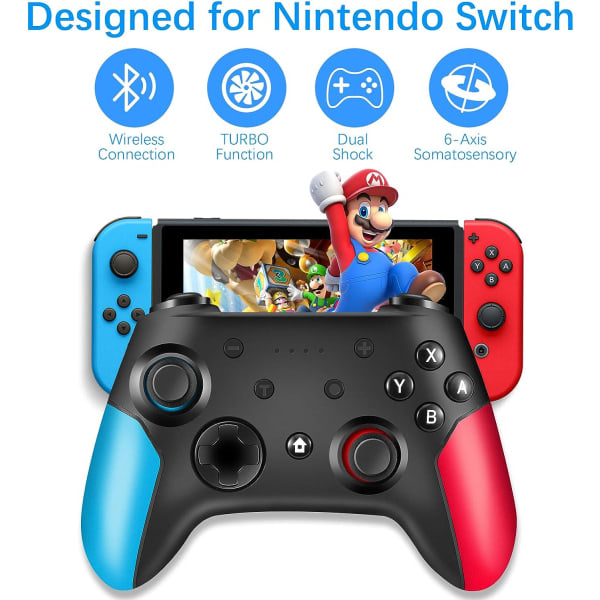 Langaton Pro-ohjain Switchille/Switch Lite Remote Pro Controller Pelikonsoli Joystick, Gyro-akseli, Säädettävä Turbo ja Liikkeen tuki Herätys (Punainen-Sininen)