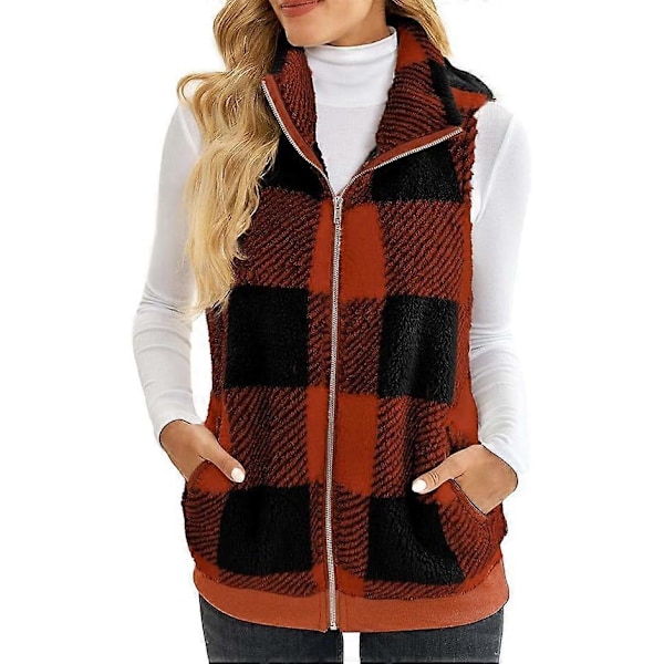 (M) Dame Mode Plaid Fleece Vest Afslappet Fuzzy Ærmeløs Fuzzy Sherpa Vest Fluffy Lynlås Jakke Varmt Overtøj