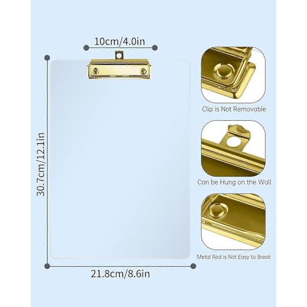 Akryl Clipboard Holder, Klar Akryl Clipboard, 3 Stykker Mode Design A4 Clipboard, Clipboard med Klemme (Guld)