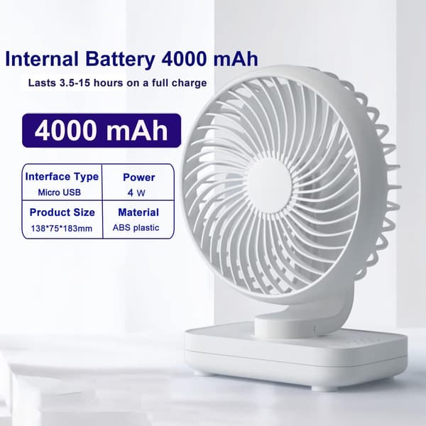 Bordventilator 4 Hastigheder Støjsvag 90° Variabel Mini Bordventilator USB Genopladelig Perfekt til Soveværelse (Hvid)