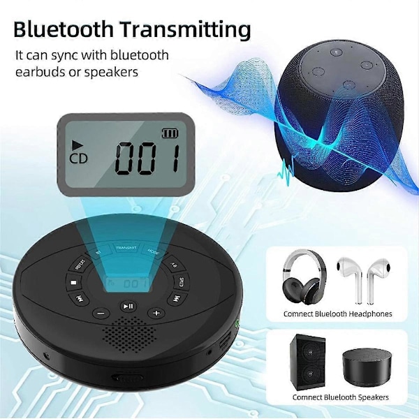 Bærbar CD-afspiller Walkman Bluetooth CD Walkman Indbygget højttaler Genopladelig CD-afspiller med USB/AU