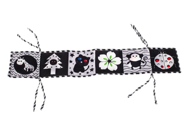 Sensorisk tyg bog med kontrastmønstre og knitrelyd, 0+ (82x15,5 cm)