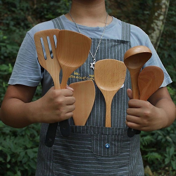 6 stk. stekespadsett med bøkfarget håndtak, non-stick stekespade, stekespade, tresleiv W