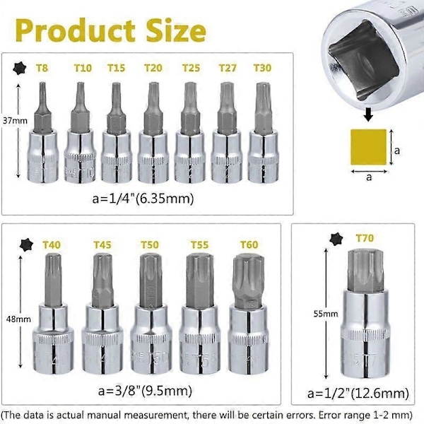 13 stk. Torx Pipesett, T8 - T70 Pipebitssett, Hunn-Torxpiper, Torx Bit Pipesett, Krom Vanadium Stål 1/4\", 3/8\" og 1/2\" Feste