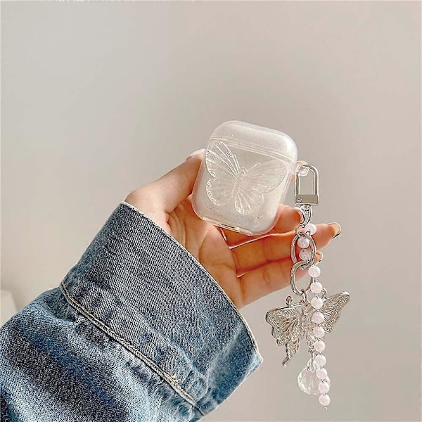 AirPods Etui med Pige Klar Glitter Sommerfugl Design Glat Blød TPU Cover til Airpods 2 & 1 (Sommerfugl)