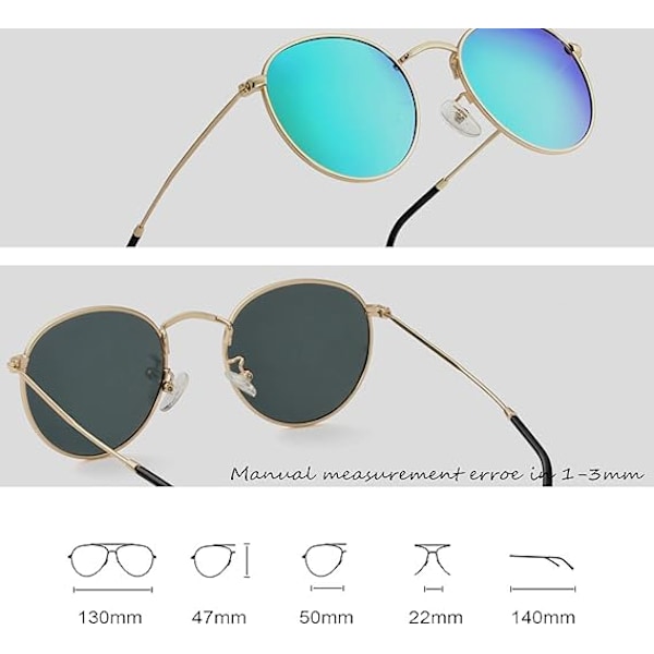 Små runde polariserede solbriller til kvinder og mænd Klassiske retro solbriller Cirkel metalramme nuancer UV-beskyttelse