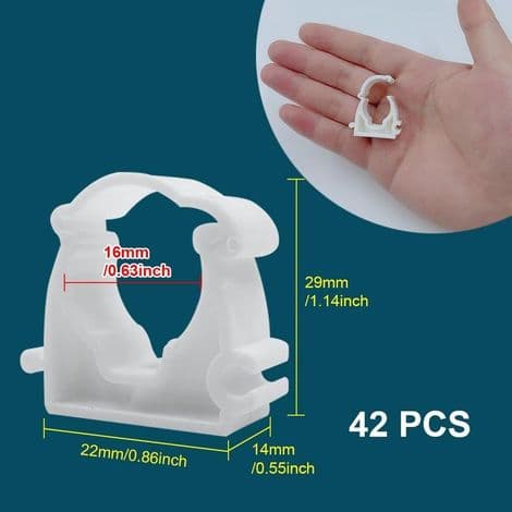 Förpackning med 42 rörklämmor, 16 mm innerdiameter, vit PPR-baksida, för vatten- och gasrör