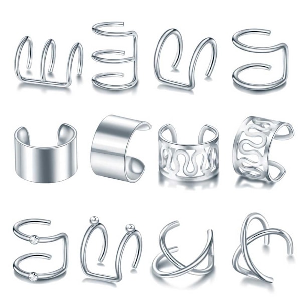 12-pack Fake Helix Piercing Earring Ear Cuff without Hole Silver