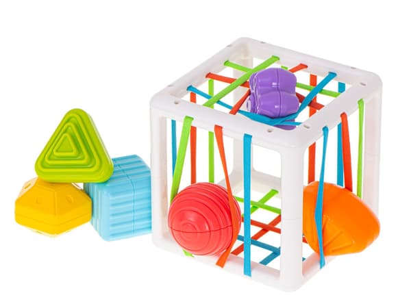 Activity Cube with Elastic Bands and 6 Shape Blocks 12 cm, 12+ months