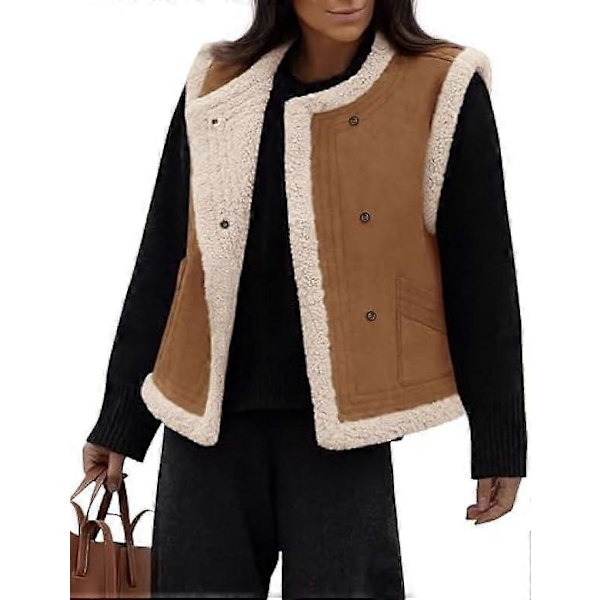 (M) Dame Vinter Faux Suede Vest Ærmeløs Knap Fleece Sherpa Foret Jakke Mode Casual Overtøj Frakke