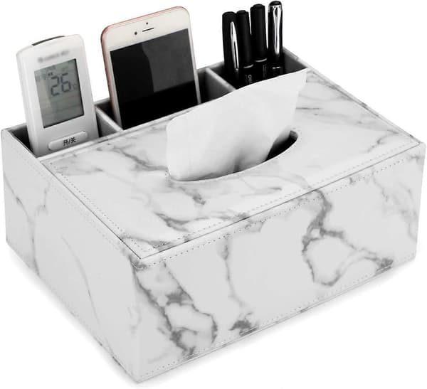 Rektangulär Tissue Box i Konstläder med Fjärrkontroll (Vit Marmor)