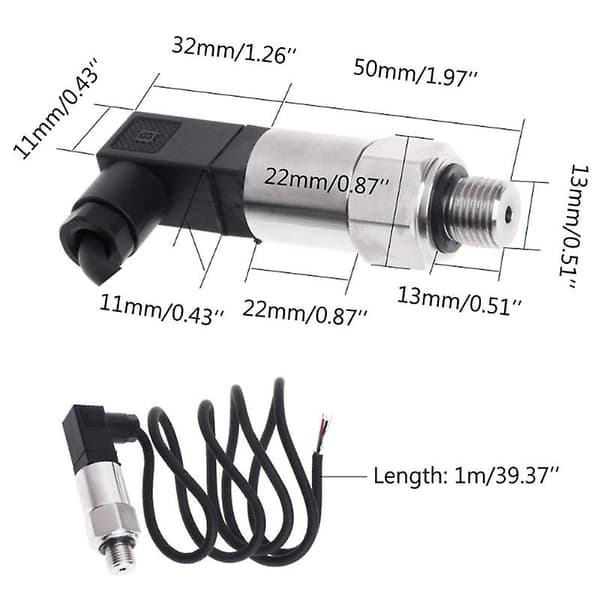 Trykktransmitter Trykksensor 0-10Bar 9-32VDC G1/4 4-20MA 0.5%
