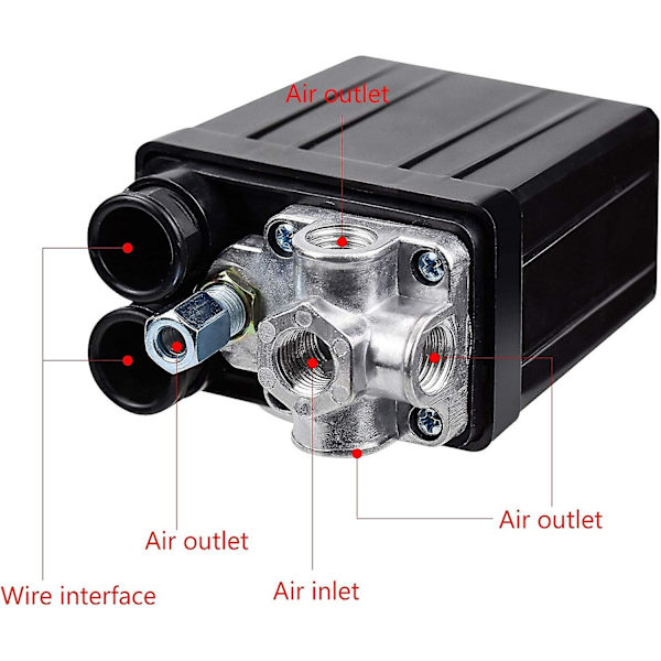 Kompressor Tryk Switch, 90-120 PSI, 240V, 4 Udgange, Sort