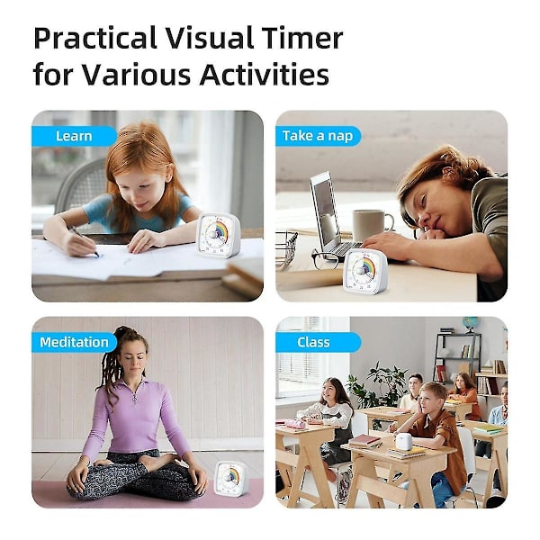 60-Minutters Visuel Timer med Natlys, Nedtællingstimer, Pomodoro Timer med Regnbue Mønster til Børn og Voksne