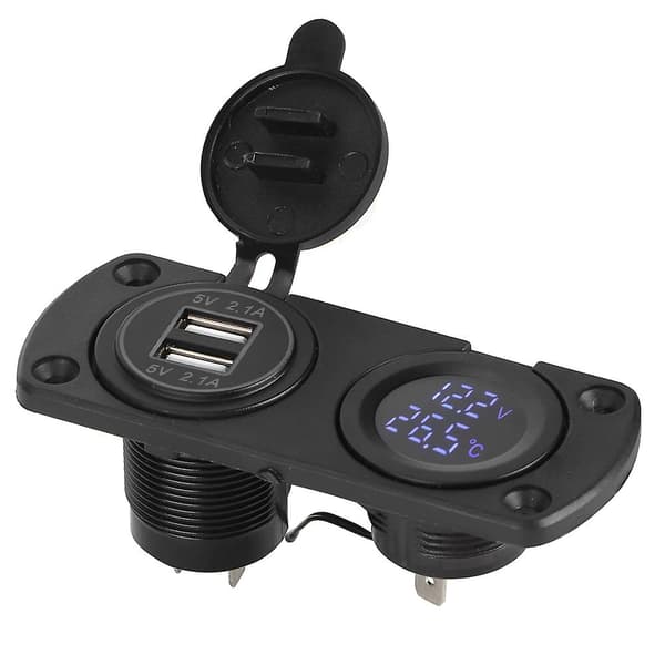 Blå bil dobbel USB-lader med temperaturvoltmeter og 12V strømuttak