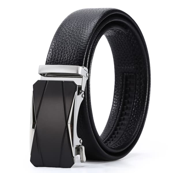Black and Silver Leather Belt with Automatic Buckle - Adjustable and Comfortable for All Occasions Model 9