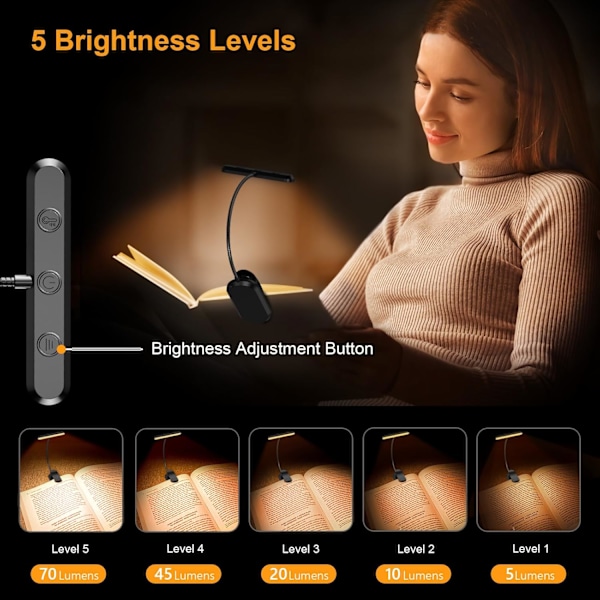 Gritin 19 LED Boklampa för Läsning, 3 Lägen & 5 Ljusstyrkor, Minnesfunktion, Brett Ljus, 50H USB-C, Flexibel Halslampa för Säng/Skrivbord