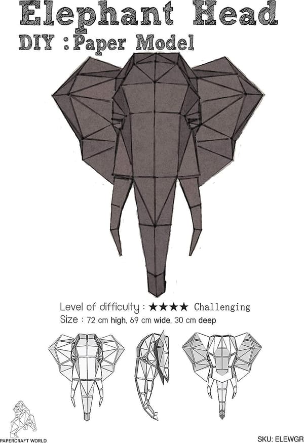 Papercraft-seinätaide, Elefanttipää (1 kpl - harmaa)
