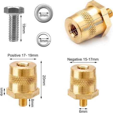 1 par messing batteriterminaladapter, M8 innvendig gjenge, M6 utvendig gjenge, for litium bilbatterier