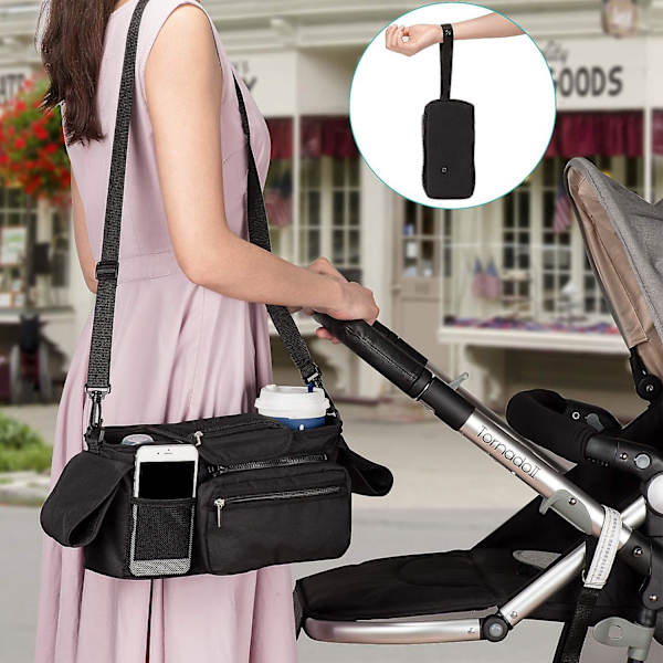 Universal Stroller Organizer Med Isolerende Koppbærer, Avtakbar Telefonveske Og Skulderstropp