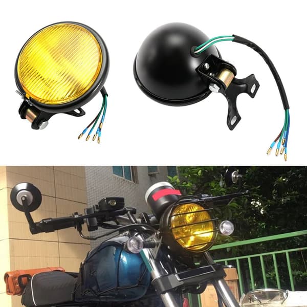 Retro Black Shell Motorcycle Headlight with Yellow Glass