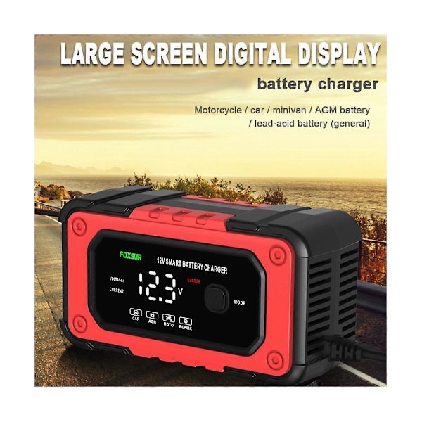 12V 6A Smart Batterioplader, Intelligent Hurtig Strømopladning Digital LCD-skærm Bil Motorcykel Ba