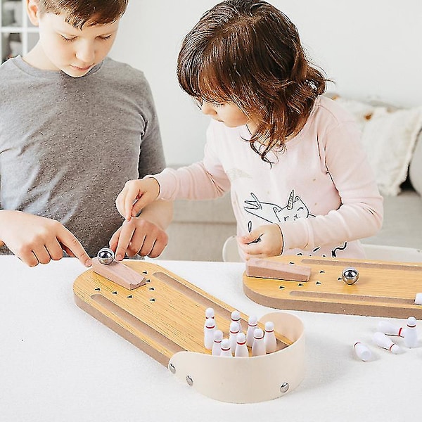 Mini Bowling, Bordbowling i træ til skrivebordet, Indendørs bowlinglegetøj, Klassisk kuglebrætlegetøj