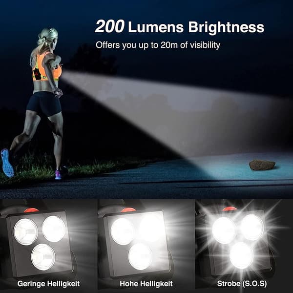 Løpelys, USB-oppladbart LED-løpelys, 120 justerbart brystlys, 500 lumen, løpelys med refleksstriper