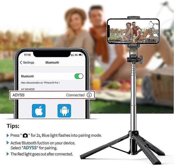 Selfie Stick Stativ med Bluetooth Fjärrkontroll. 3 i 1 Trådlös 360° Rotation Selfie