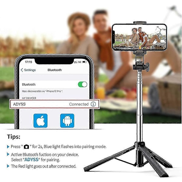 Selfie Stick Tripod med Bluetooth Fjernbetjening. 3 I 1 Trådløs 360 Graders Rotation Selfie