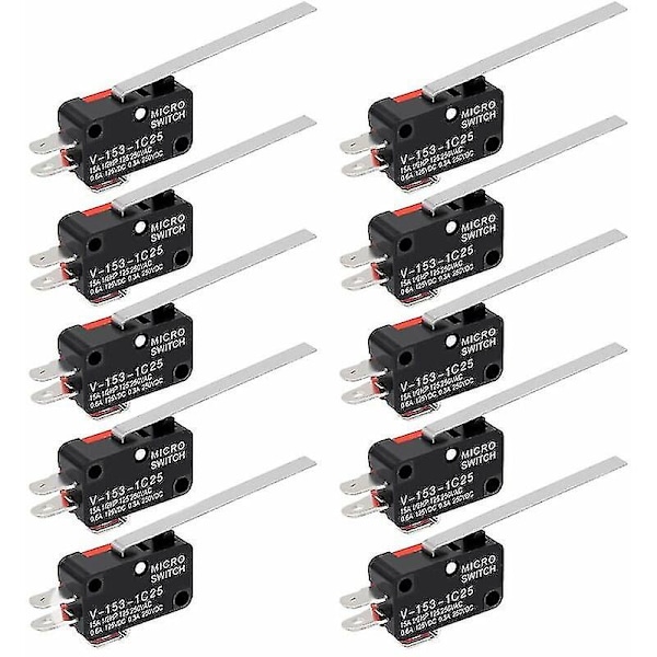 10-pack Mikrobrytare med gångjärnsspakar SPDT 1NO 1NC Momentan Lång Spak Mikrobrytare 3 Stift för
