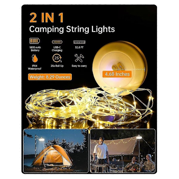 2-i-1 Campingstränglampa med 5 Belysningslägen, Bärbar LED Campinglykta för Tält, Trädgård, Dekoration (10m)