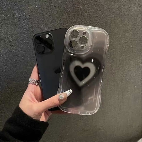 iPhone 14 Pro Max -kuori, söpö esteettinen musta sydän, läpinäkyvä puhelinkuori teinitytöille ja naisille [Kameran linssin suojaus] [Aaltoileva kehys]