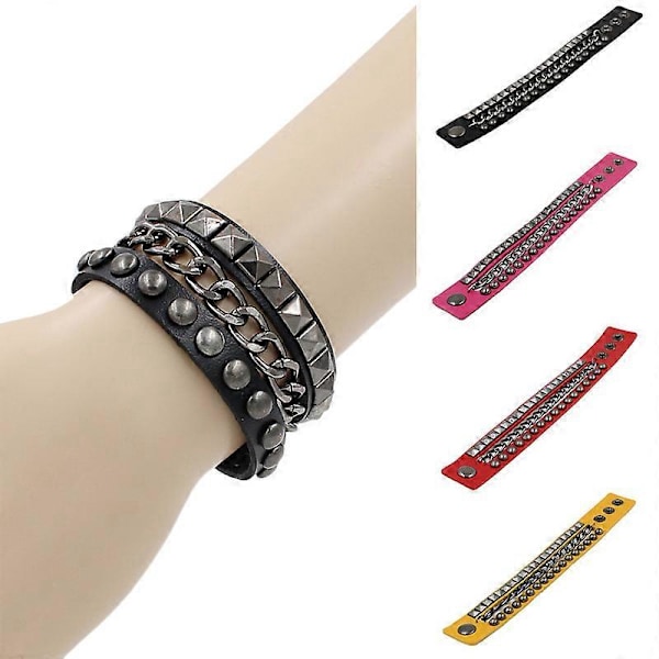Mænd Kvinder Punk Rock Ægte Læder Multi Lag Spike Besat Nitter Rem Wrap Biker Læder Manchet Armbånd Armring, Sort
