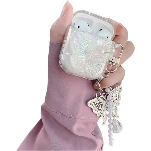 AirPods Etui med Pige Klar Glitter Sommerfugl Design Glat Blød TPU Cover til Airpods 2 & 1 (Sommerfugl)