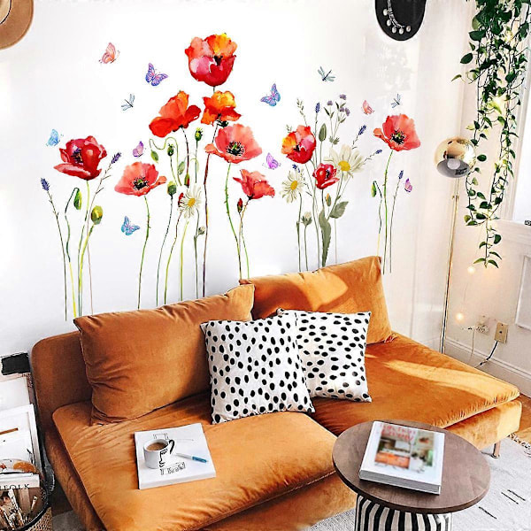 Vallmo Väggdekorationer Väggdekaler Mural Trädgårdsblomma Fjärilsdekaler för Flickors Sovrum Vardagsrum Barnrum, 30*60cm