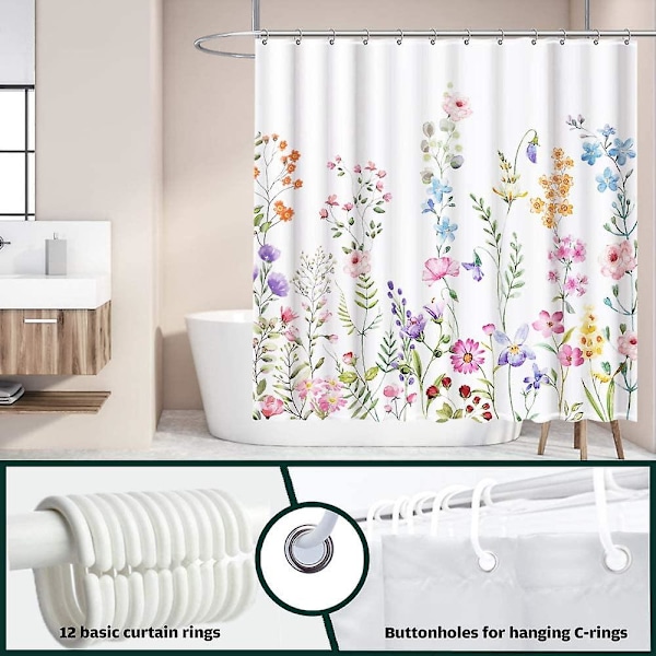 Funnytree Blomsterplante Vandfarve Blomst Bruseforhæng Sæt Med Kroge Hjem Badeværelse Badekar Dekoration Nem Pleje Maskinvaskbar Holdbar Polyester Fabri