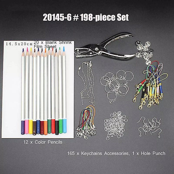 198 Dele Shrinky Art Papir Varme Krympende Ark Plastik Sæt Hulstans Nøgleringe Blyanter DIY Tegninger