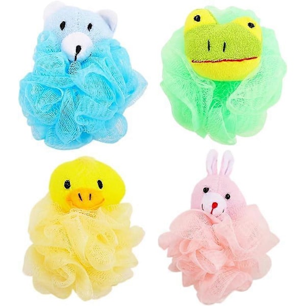 4-pack Roliga Badskum Barn Vuxen Loofahs, Söta Djur Loofah Badsvampar, Duschpuffar Kroppsskrubb Svampar, blå grön gul rosa 10cm