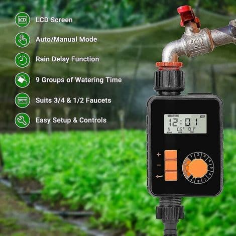 Vattentimer, programmerbar trädgårdsbevattningstimer, gräsmatta kran slang sprinkler timer med stor LCD-skärm, regnsensor, auto/manuellt läge, R