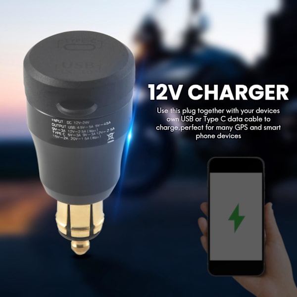 Moottoripyörän vedenkestävä pikalataus USB-C-portilla 12V/24V QC3.0 virtalähde DIN-pistokkeella