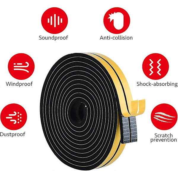 Självhäftande Tätningslist Skumtejp 12mm(B) x 6mm(T) 2 Rullar, Totalt 10M Lång