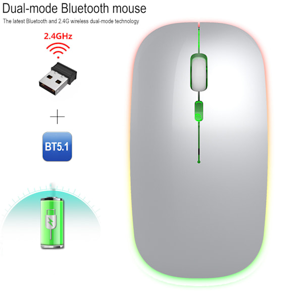 Sølvfarget fargerik lysende dobbeltmodus 2.4G + Bluetooth trådløs mus, stille mus for kontor-PC